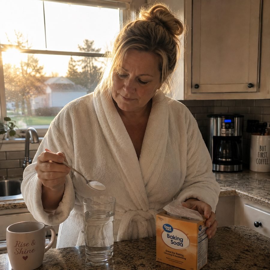 A woman preparing a morning glass of water in her kitchen